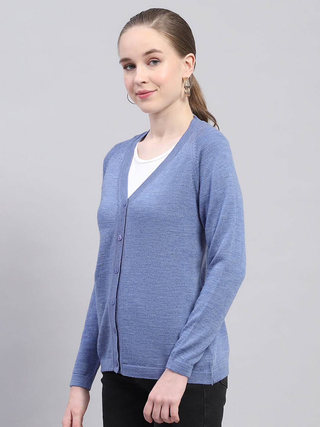 Women Blue Solid V Neck Full Sleeve Cardigan