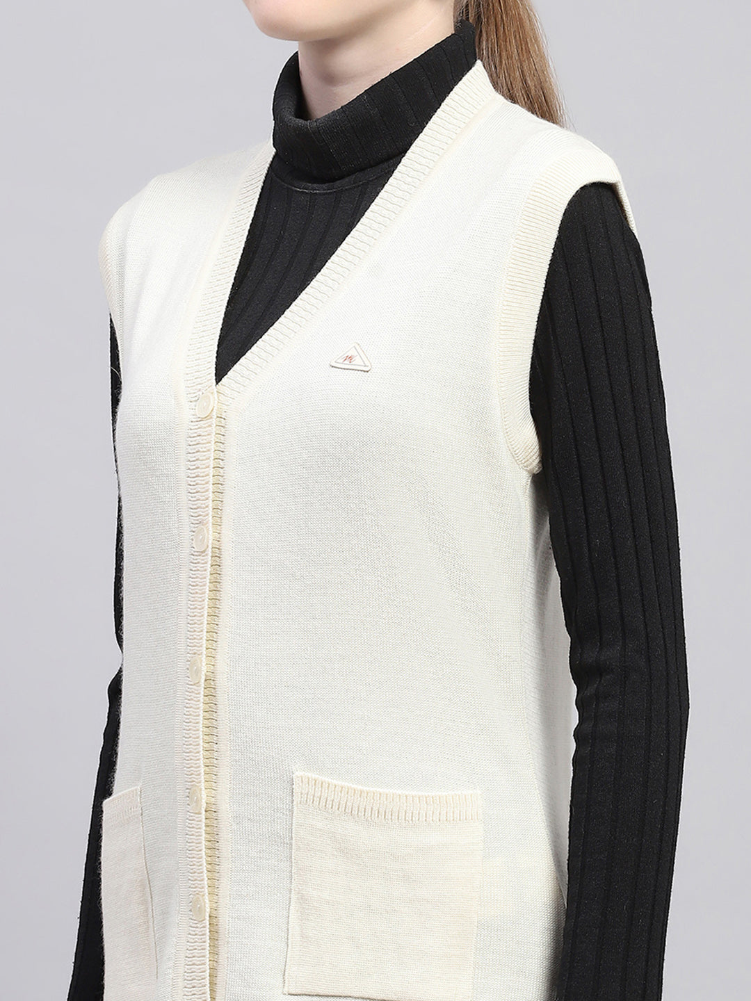 Women Off White Solid V Neck Sleeveless Cardigan