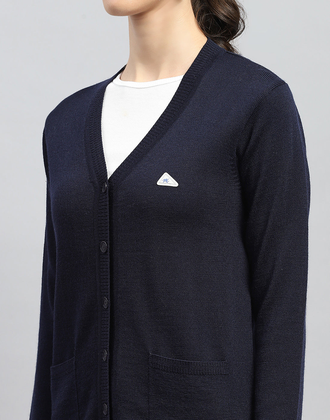 Women Navy Blue Solid V Neck Full Sleeve Cardigan