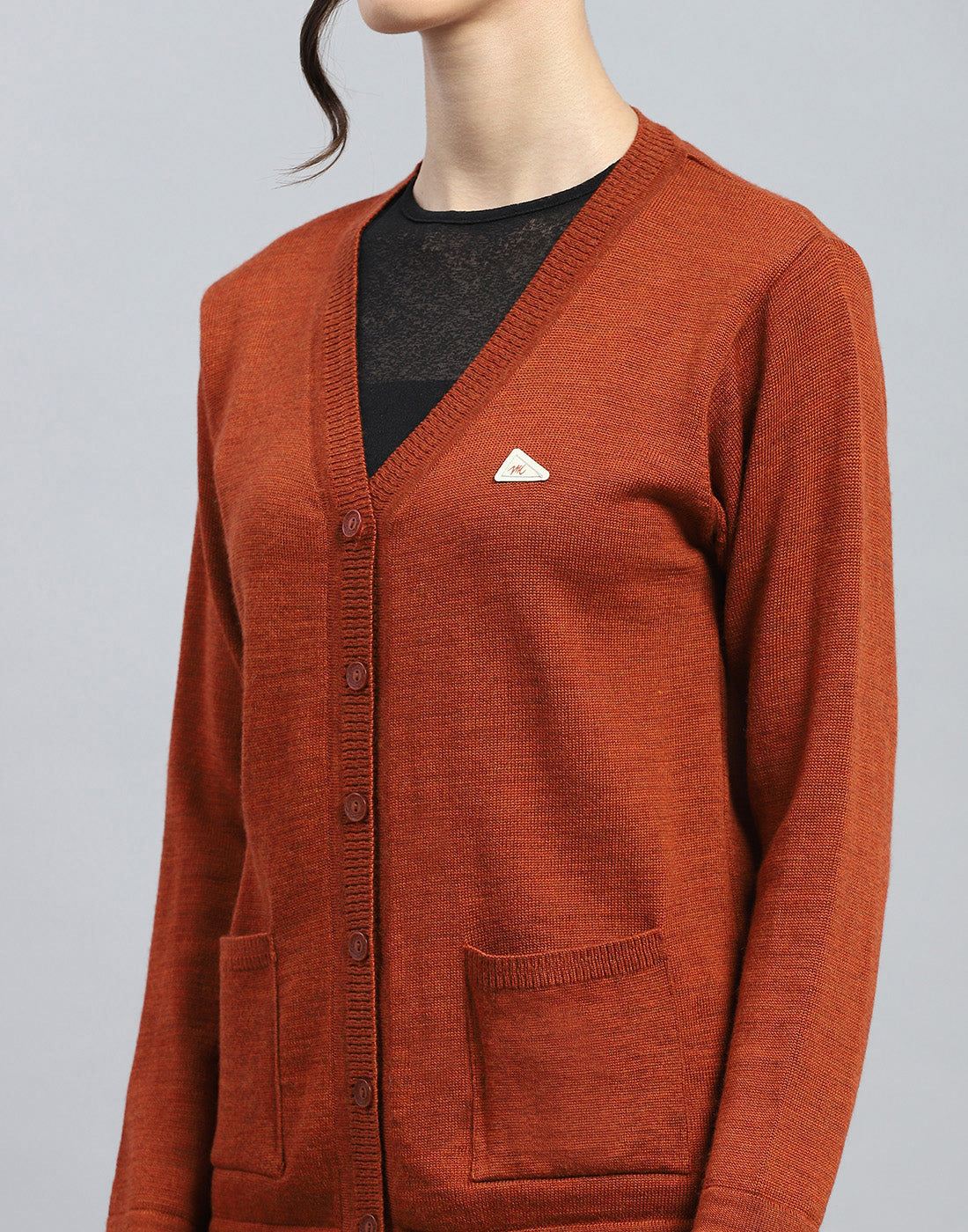 Women Brown Solid V Neck Full Sleeve Cardigan