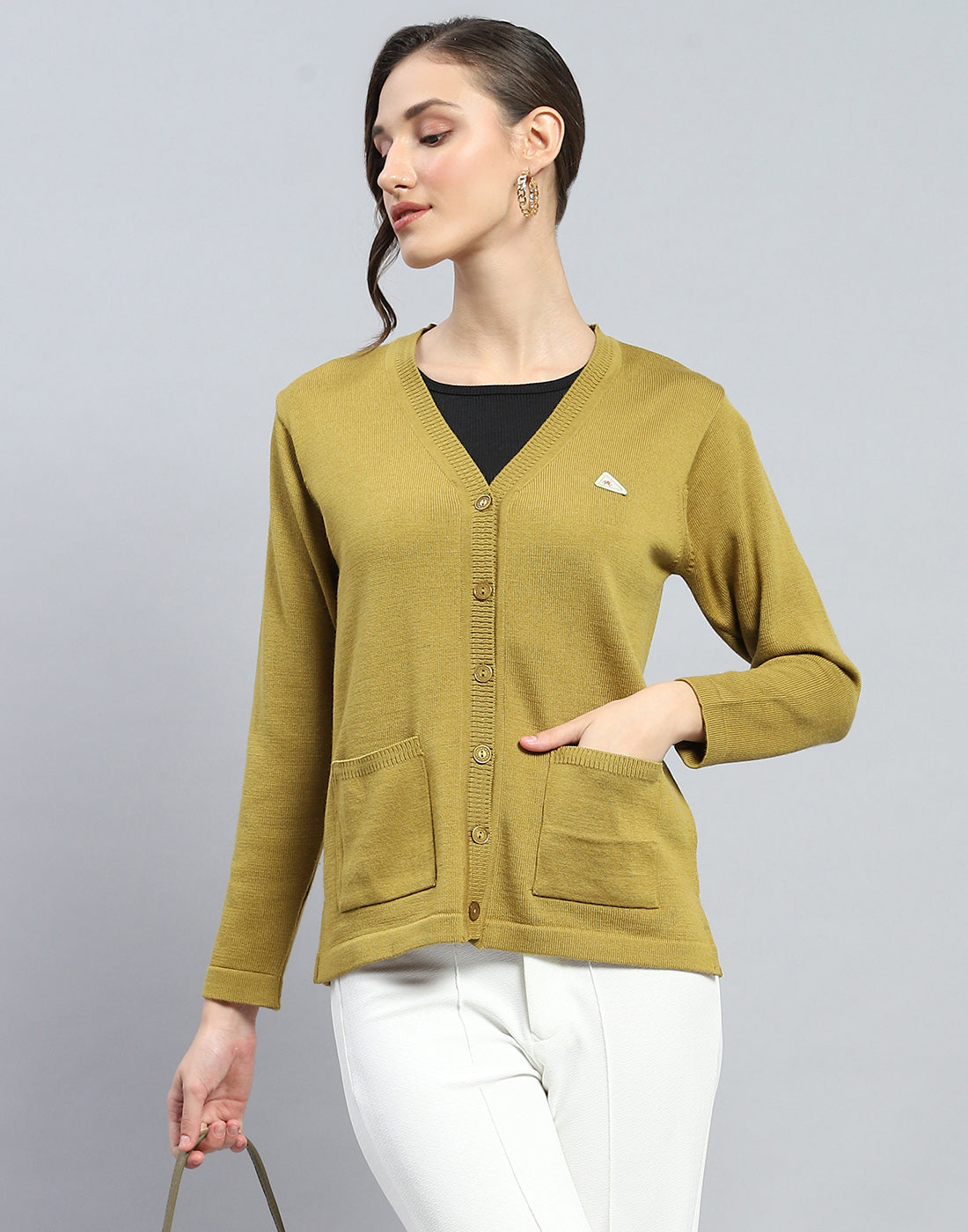 Women Khaki Solid V Neck Full Sleeve Cardigan