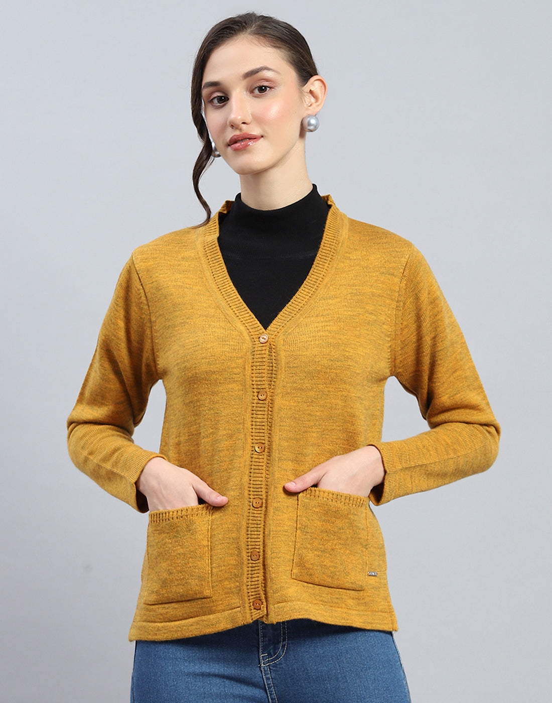 Women Mustard Solid V Neck Full Sleeve Cardigan