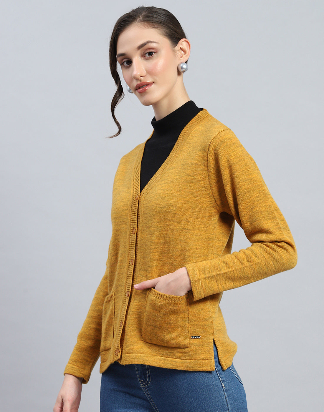 Women Mustard Solid V Neck Full Sleeve Cardigan