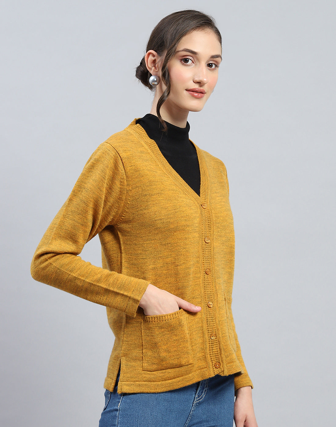 Women Mustard Solid V Neck Full Sleeve Cardigan