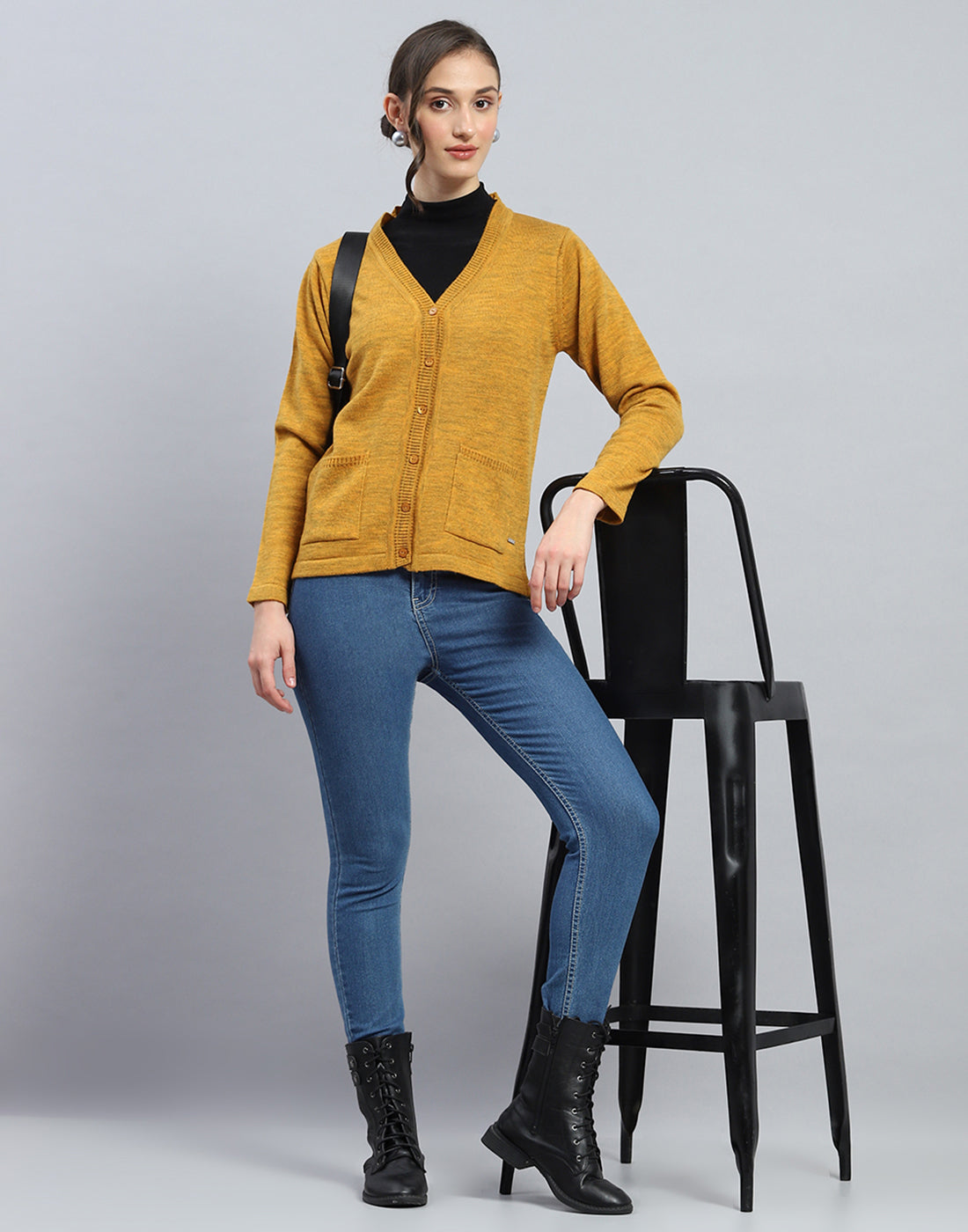 Women Mustard Solid V Neck Full Sleeve Cardigan