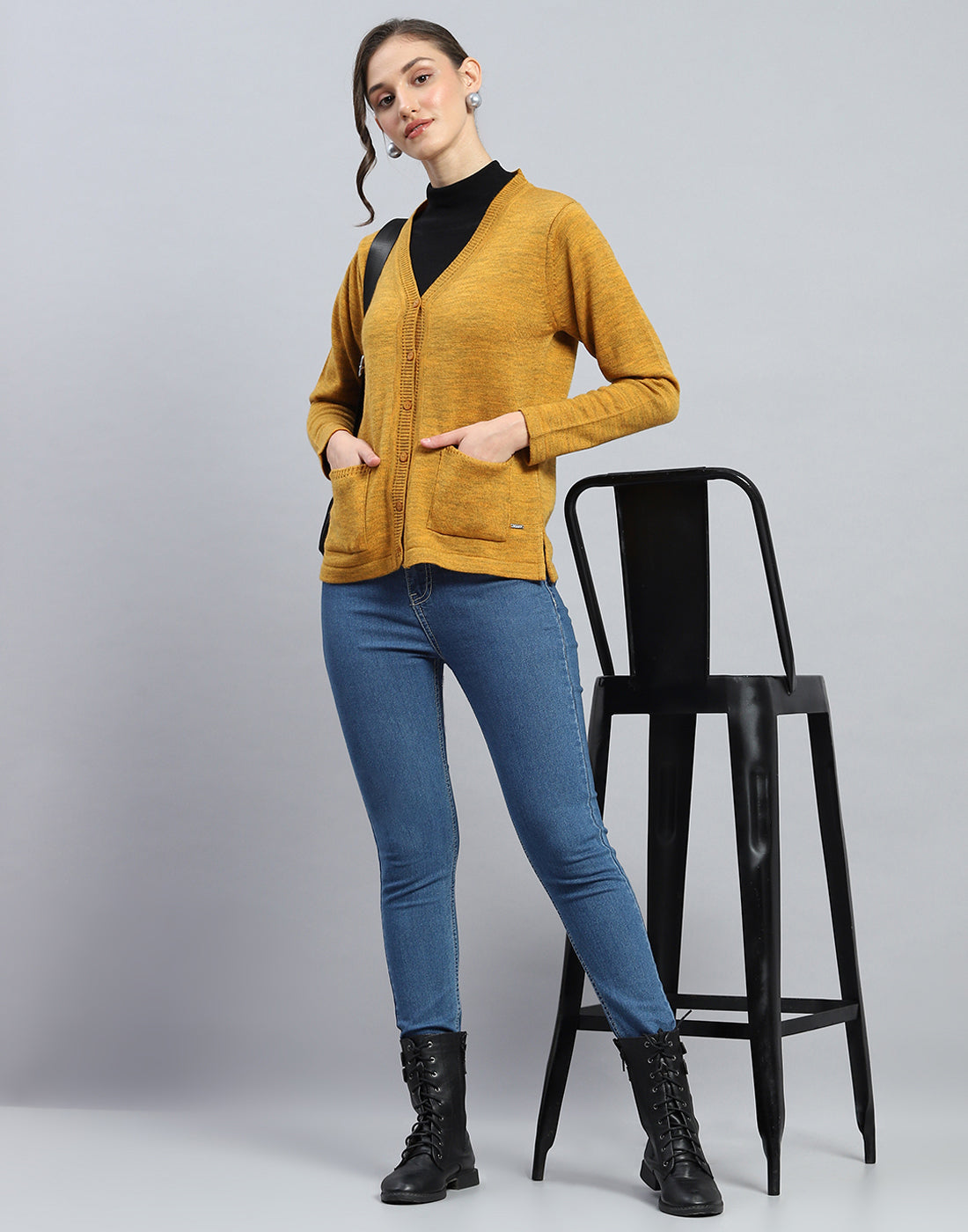 Women Mustard Solid V Neck Full Sleeve Cardigan