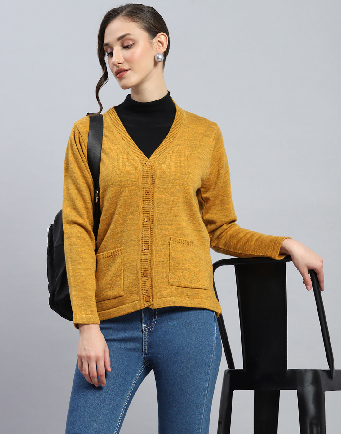 Women Mustard Solid V Neck Full Sleeve Cardigan