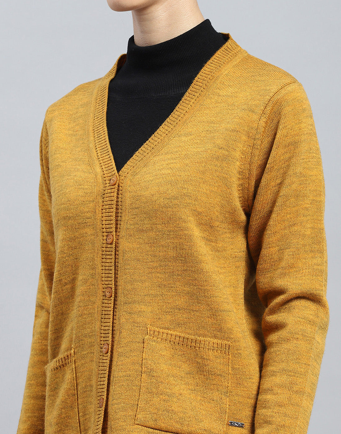 Women Mustard Solid V Neck Full Sleeve Cardigan