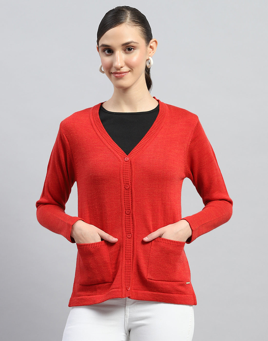 Women Red Solid V Neck Full Sleeve Cardigan