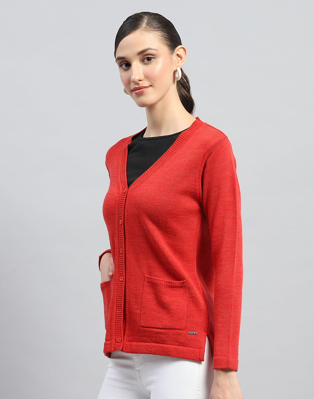 Women Red Solid V Neck Full Sleeve Cardigan