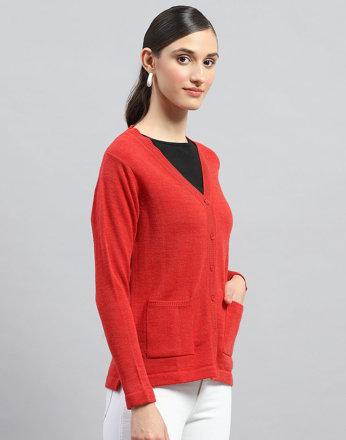 Women Red Solid V Neck Full Sleeve Cardigan