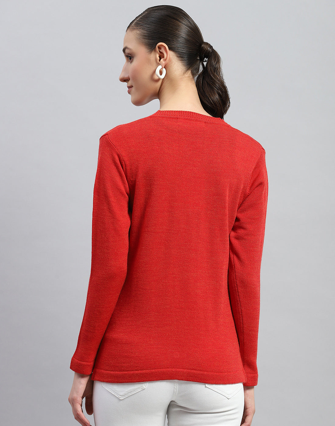 Women Red Solid V Neck Full Sleeve Cardigan