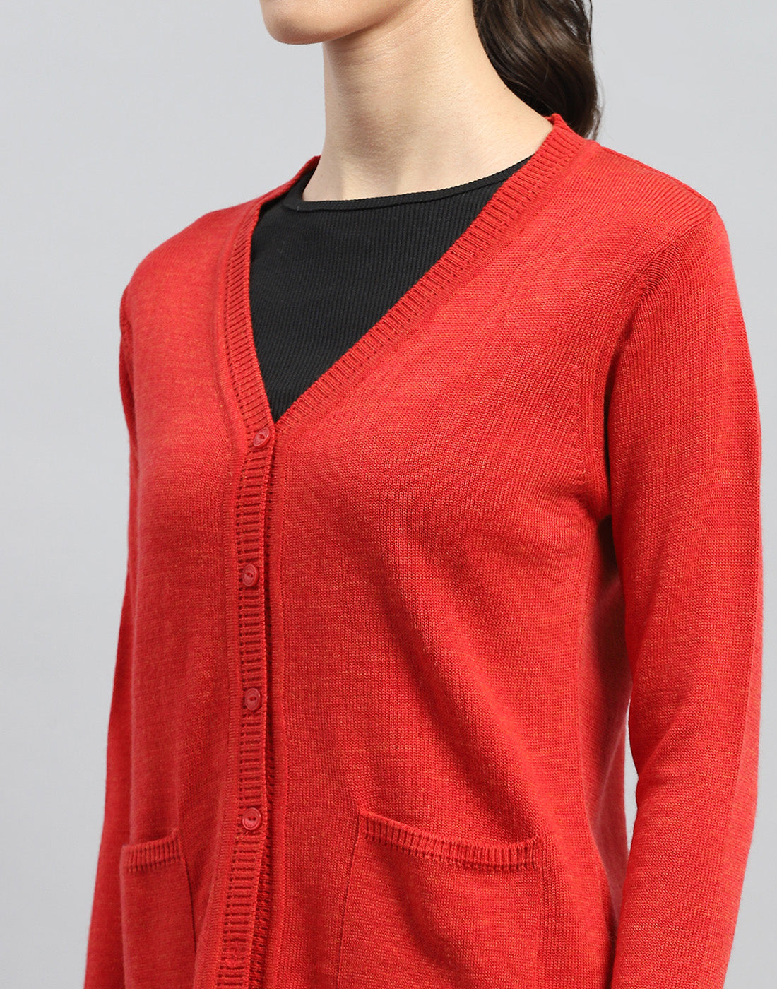 Women Red Solid V Neck Full Sleeve Cardigan