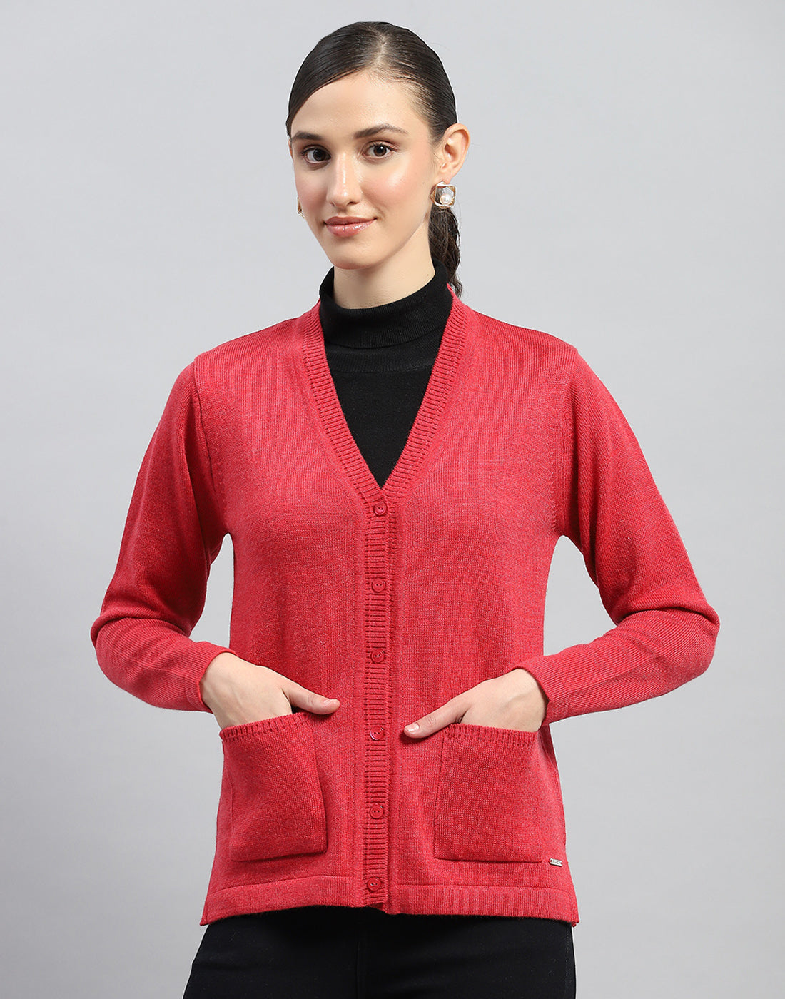 Women Red Solid V Neck Full Sleeve Cardigan