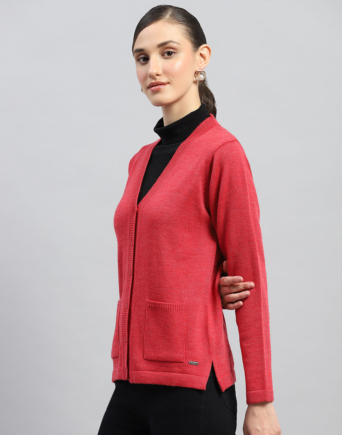 Women Red Solid V Neck Full Sleeve Cardigan