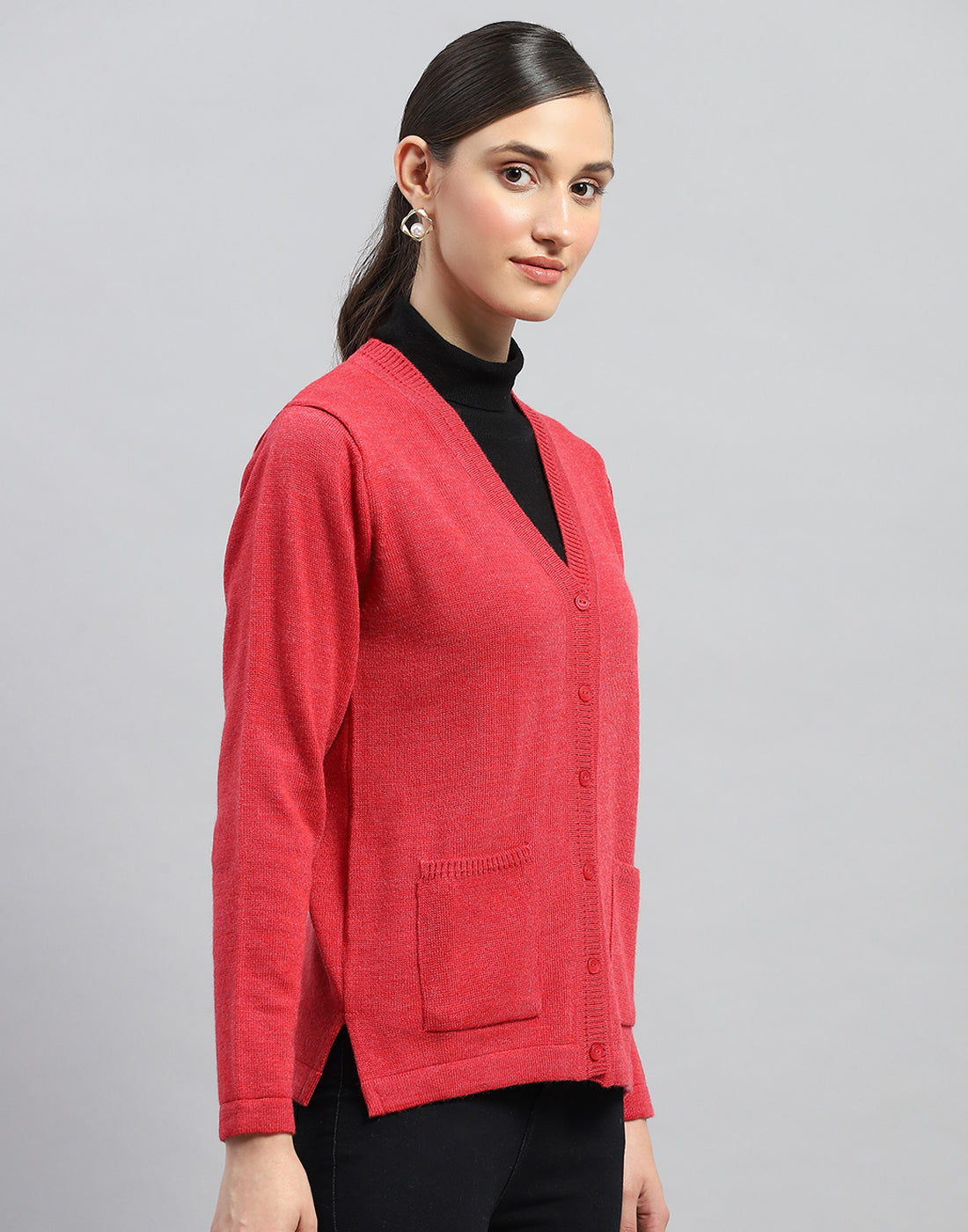 Women Red Solid V Neck Full Sleeve Cardigan