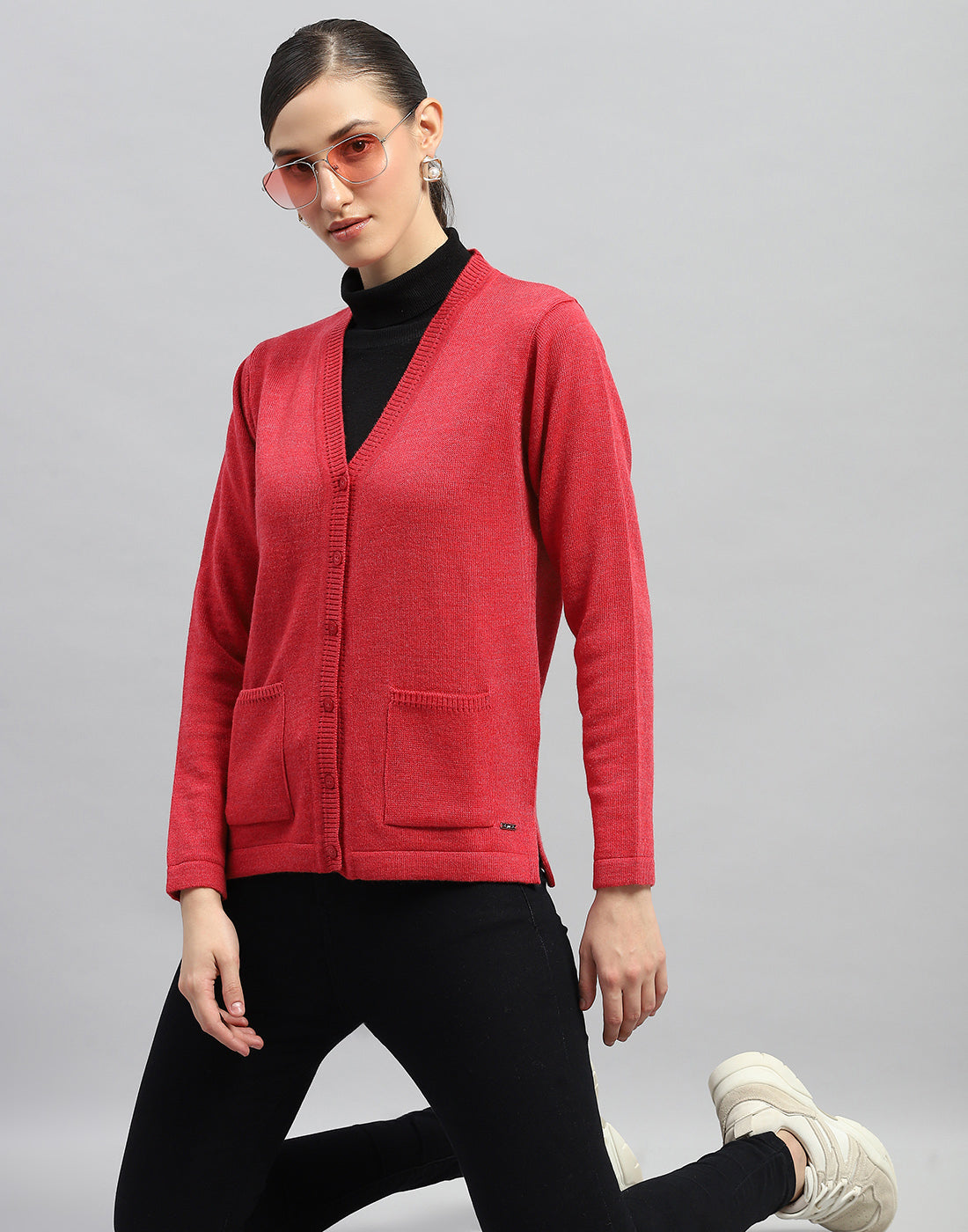 Women Red Solid V Neck Full Sleeve Cardigan