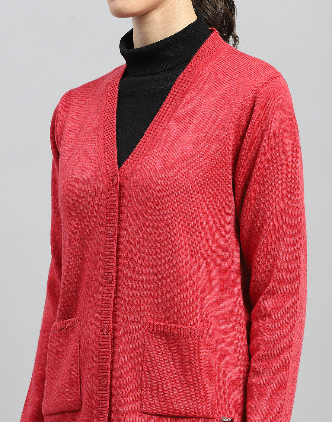 Women Red Solid V Neck Full Sleeve Cardigan