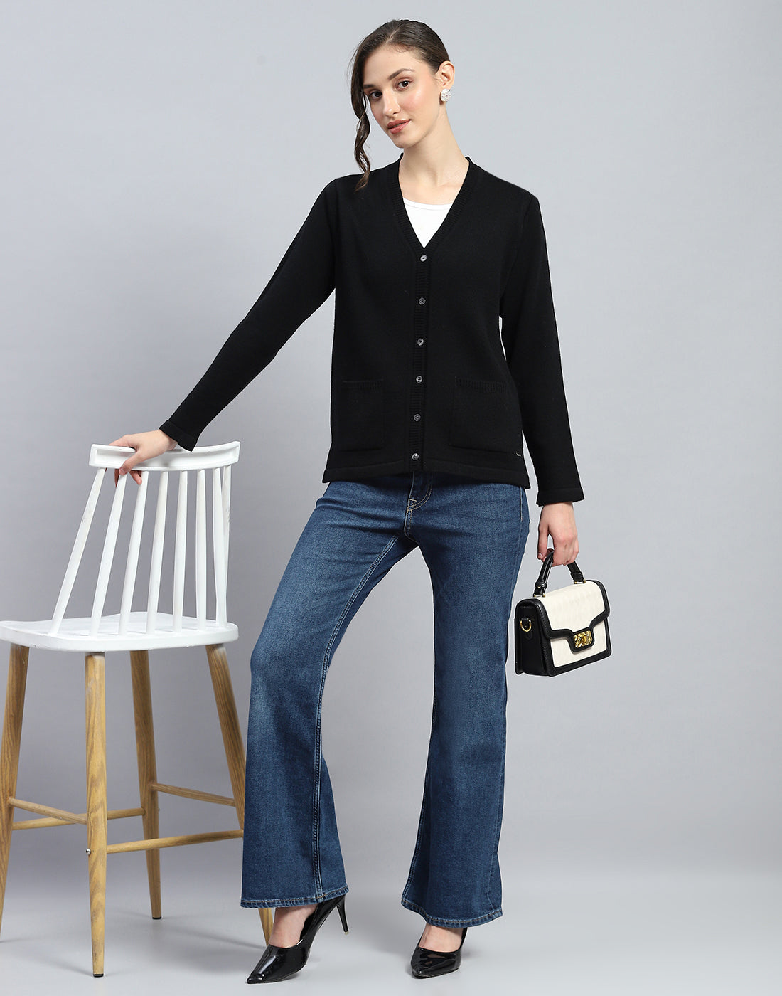 Women Black Solid V Neck Full Sleeve Cardigan