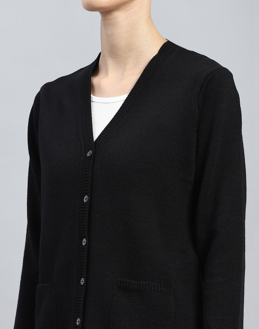 Women Black Solid V Neck Full Sleeve Cardigan