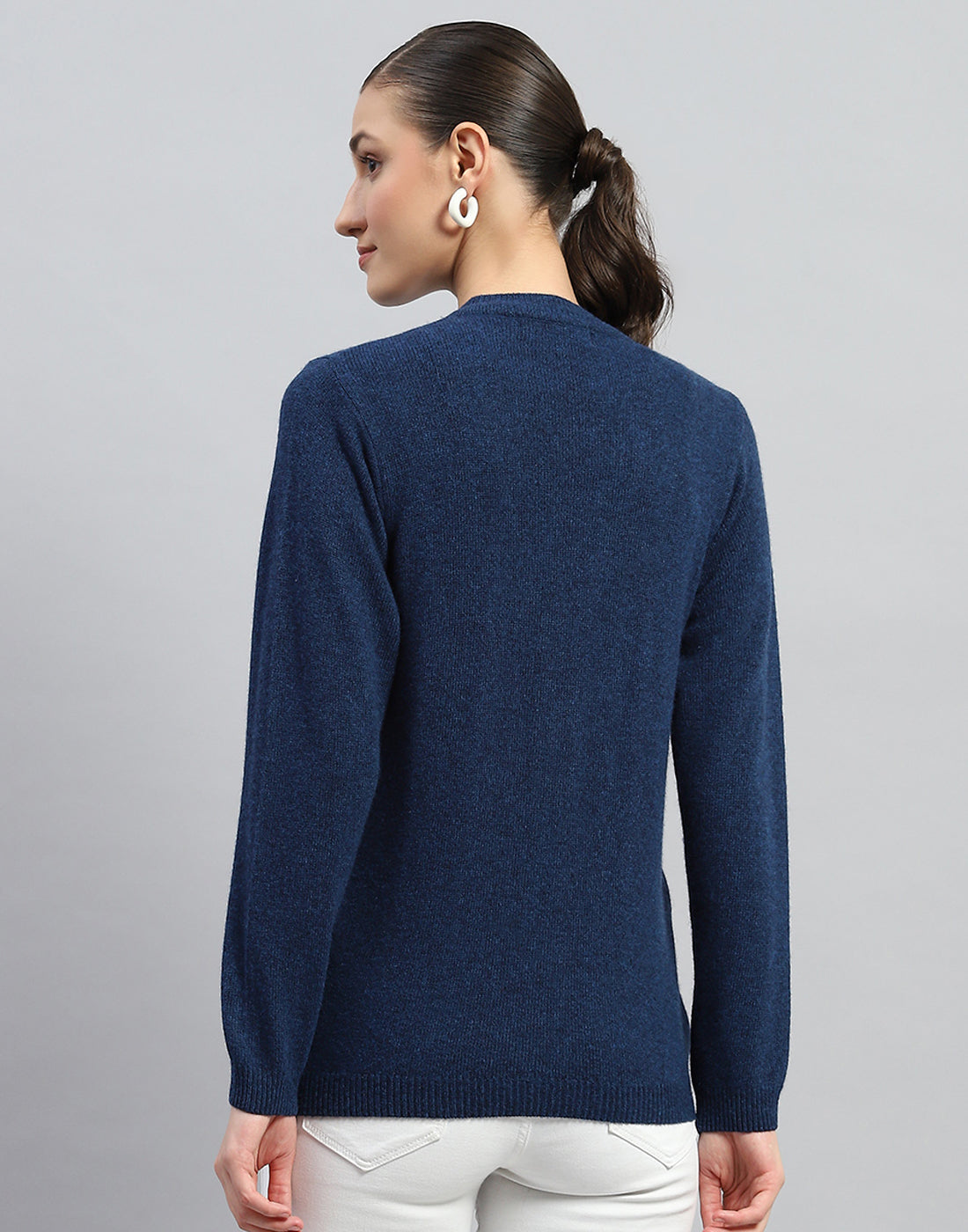 Women Dark Blue Solid V Neck Full Sleeve Cardigan