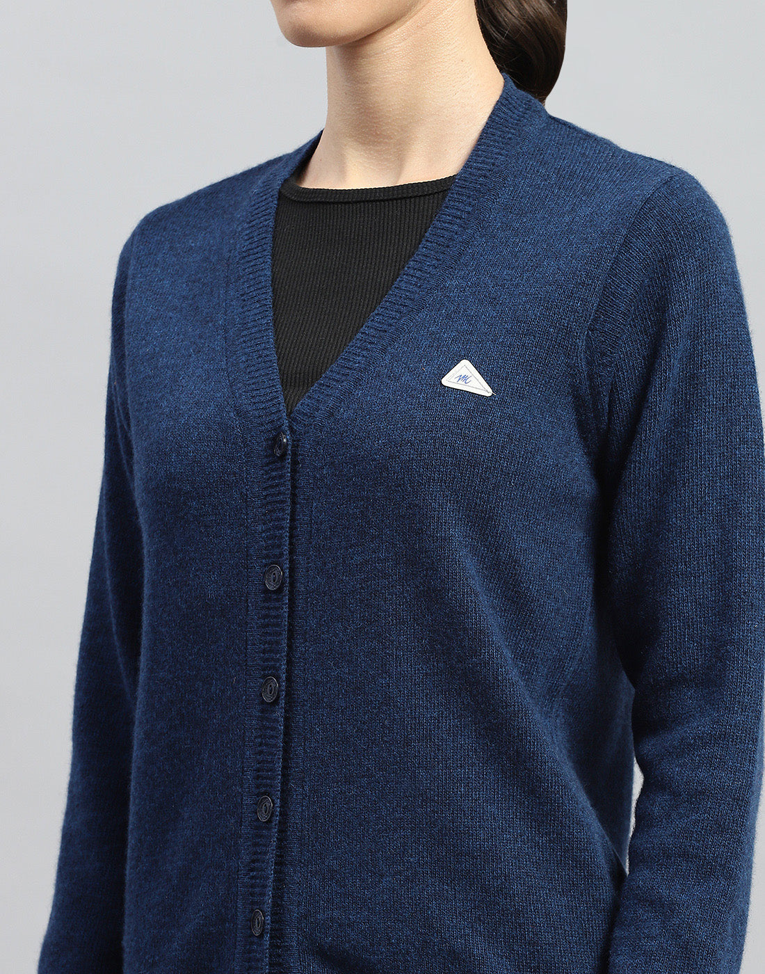 Women Dark Blue Solid V Neck Full Sleeve Cardigan