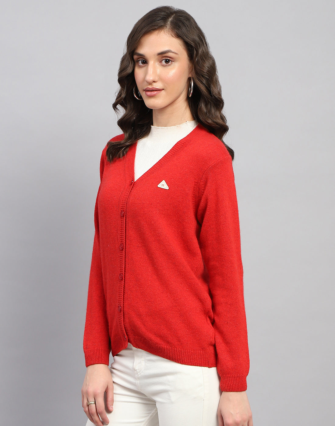 Women Red Solid V Neck Full Sleeve Cardigan