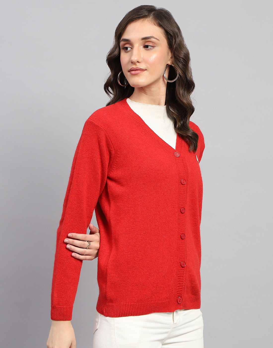 Women Red Solid V Neck Full Sleeve Cardigan