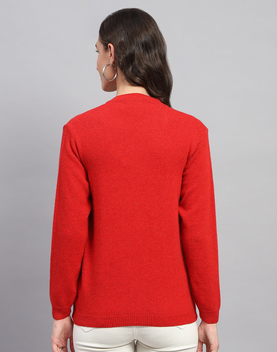 Women Red Solid V Neck Full Sleeve Cardigan