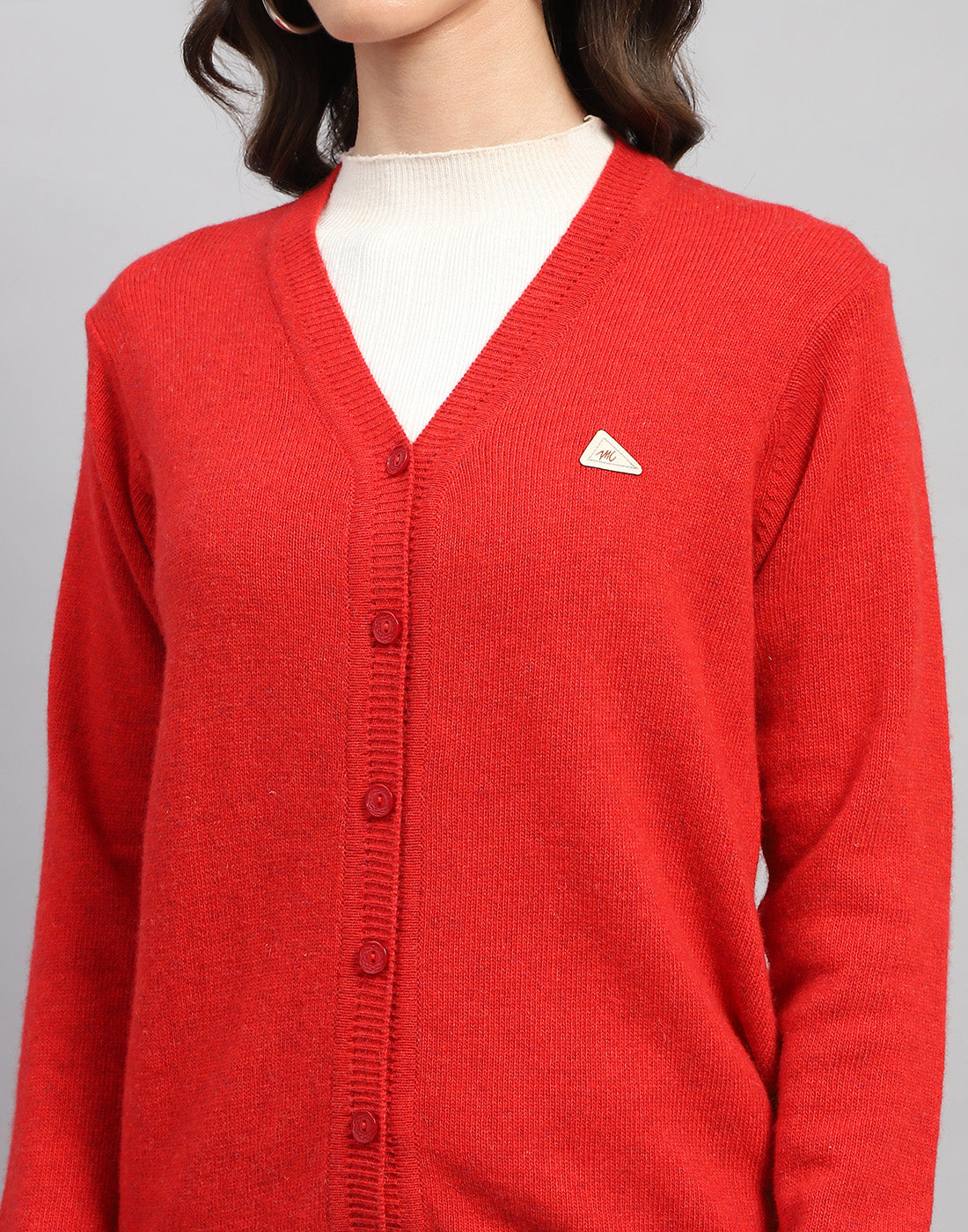 Women Red Solid V Neck Full Sleeve Cardigan