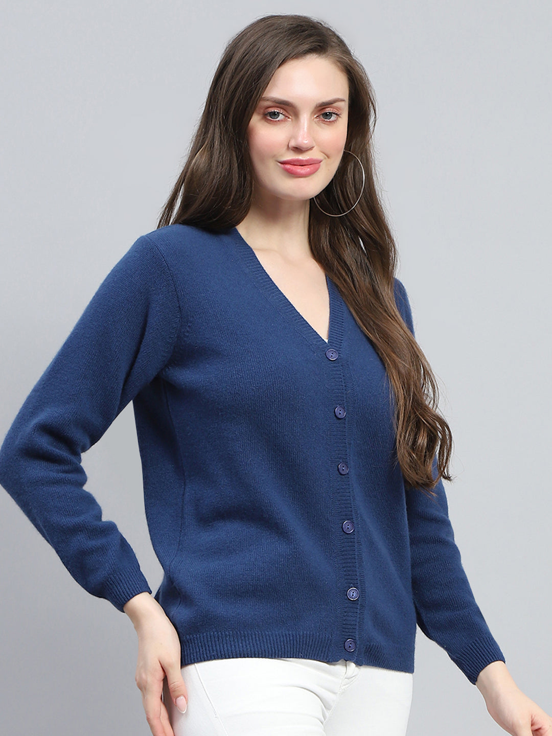 Women Blue Solid V Neck Full Sleeve Cardigan