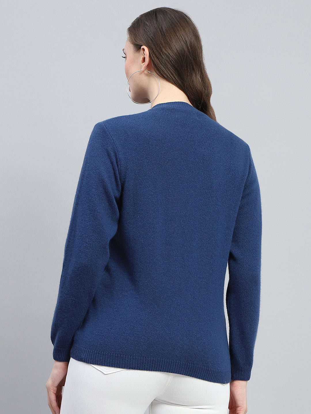 Women Blue Solid V Neck Full Sleeve Cardigan