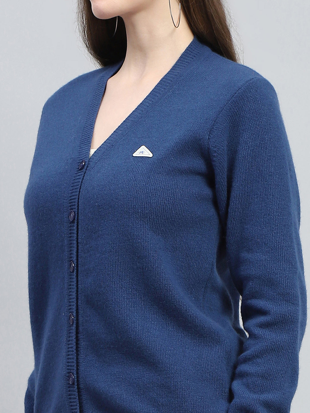 Women Blue Solid V Neck Full Sleeve Cardigan