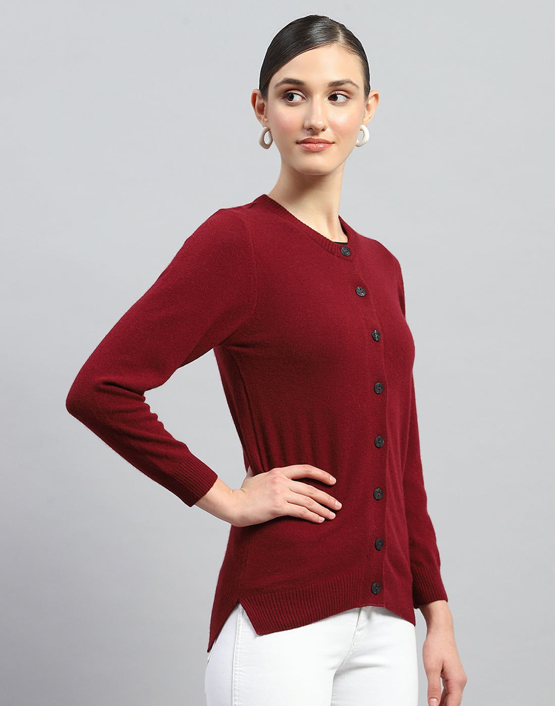 Women Maroon Solid Round Neck Full Sleeve Cardigan