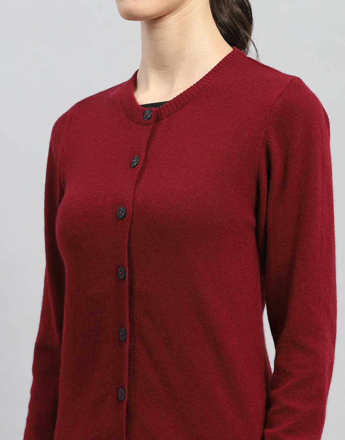 Women Maroon Solid Round Neck Full Sleeve Cardigan