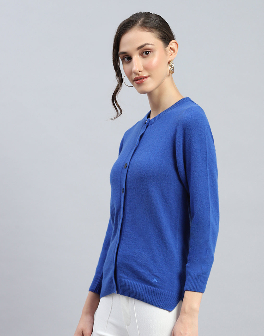 Women Blue Solid Round Neck Full Sleeve Cardigan