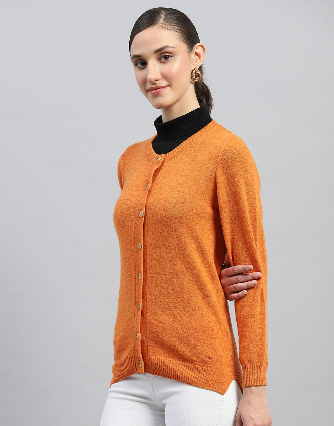 Women Orange Solid Round Neck Full Sleeve Cardigan