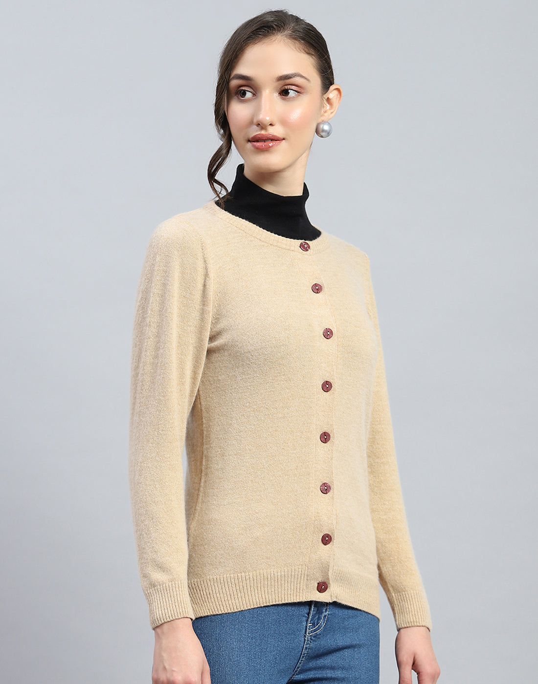 Women Beige Solid Round Neck Full Sleeve Cardigan