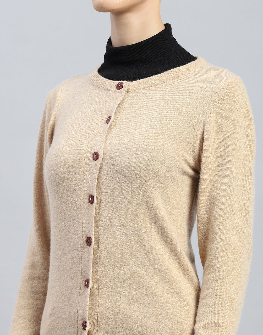 Women Beige Solid Round Neck Full Sleeve Cardigan