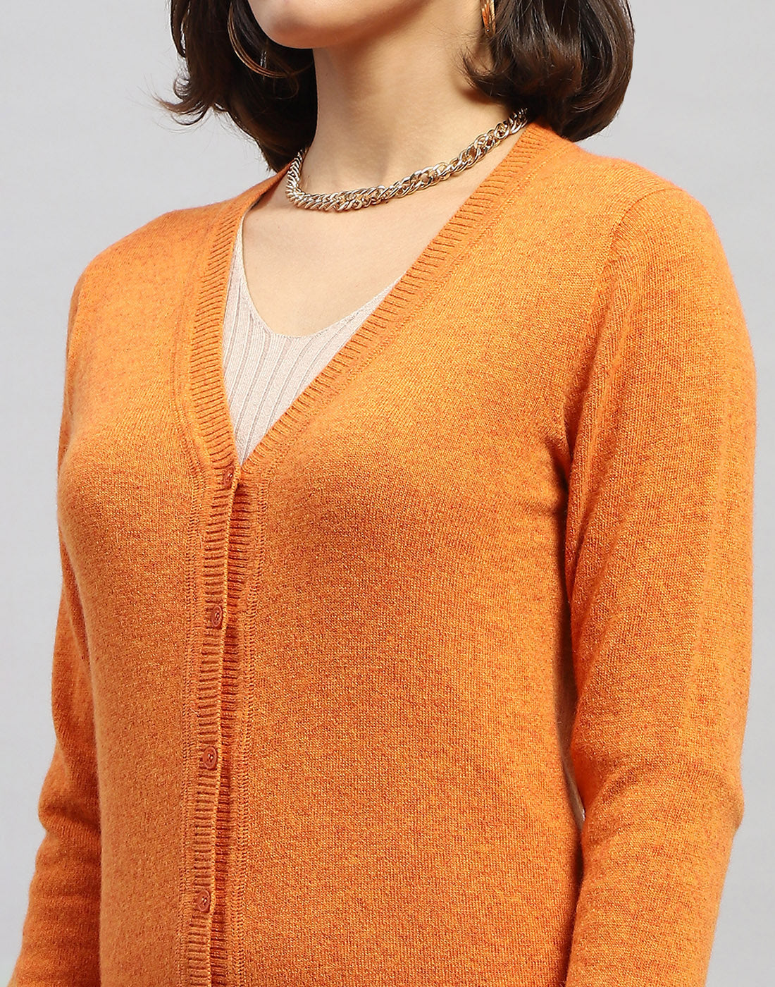 Women Orange Solid V Neck Full Sleeve Cardigan