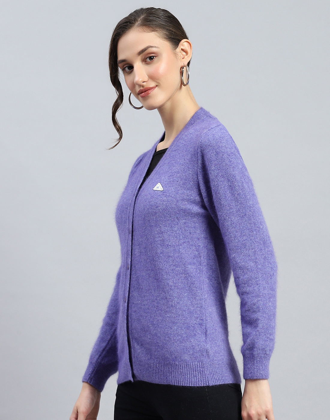 Women Purple Solid V Neck Full Sleeve Cardigan