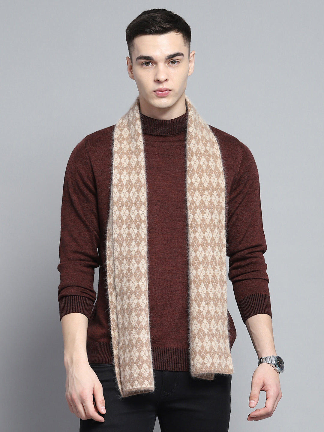 Men Brown Self Design Muffler