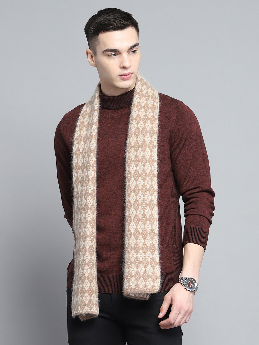 Men Brown Self Design Muffler