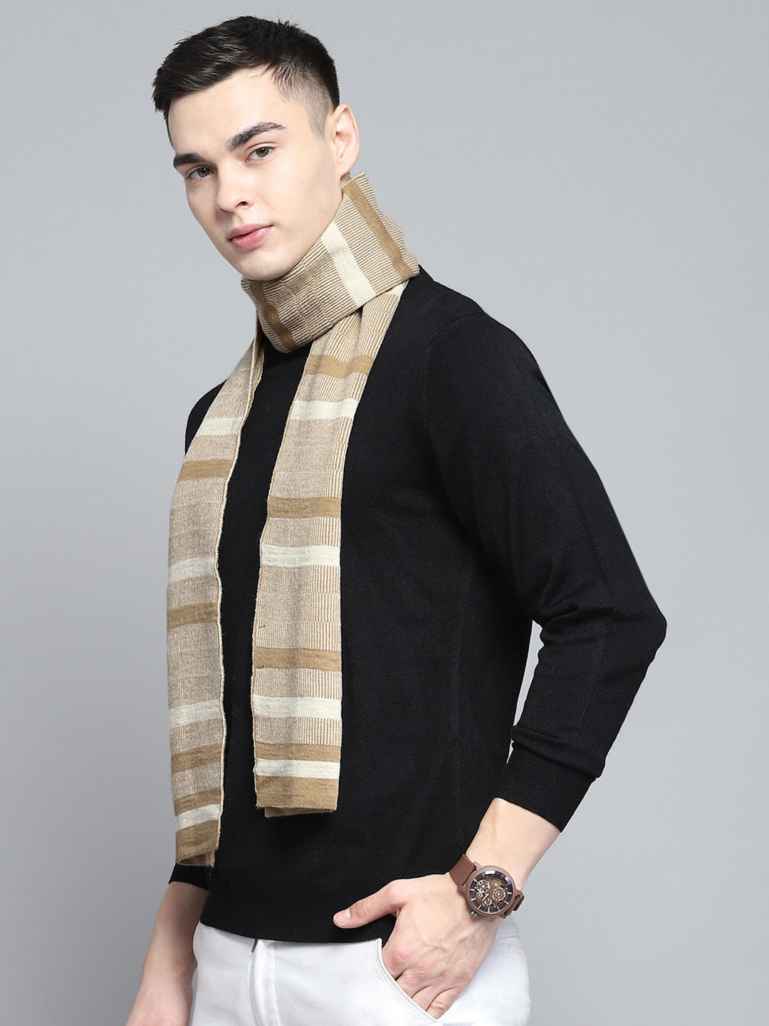 Men Beige Self Design Muffler