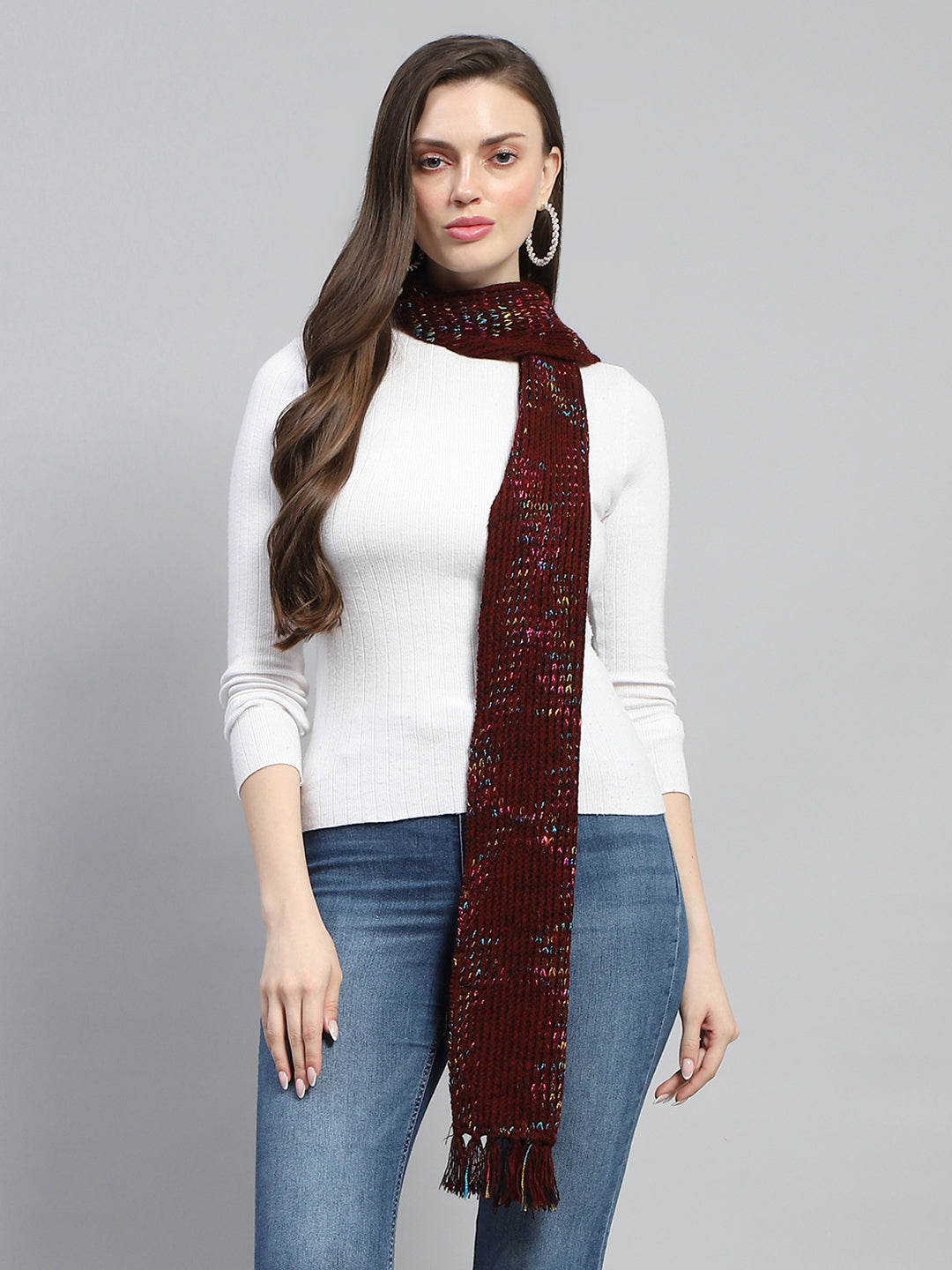 Women Maroon Self Design Muffler