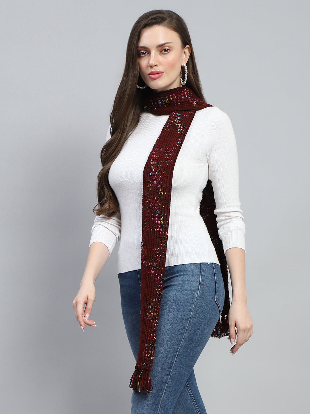 Women Maroon Self Design Muffler