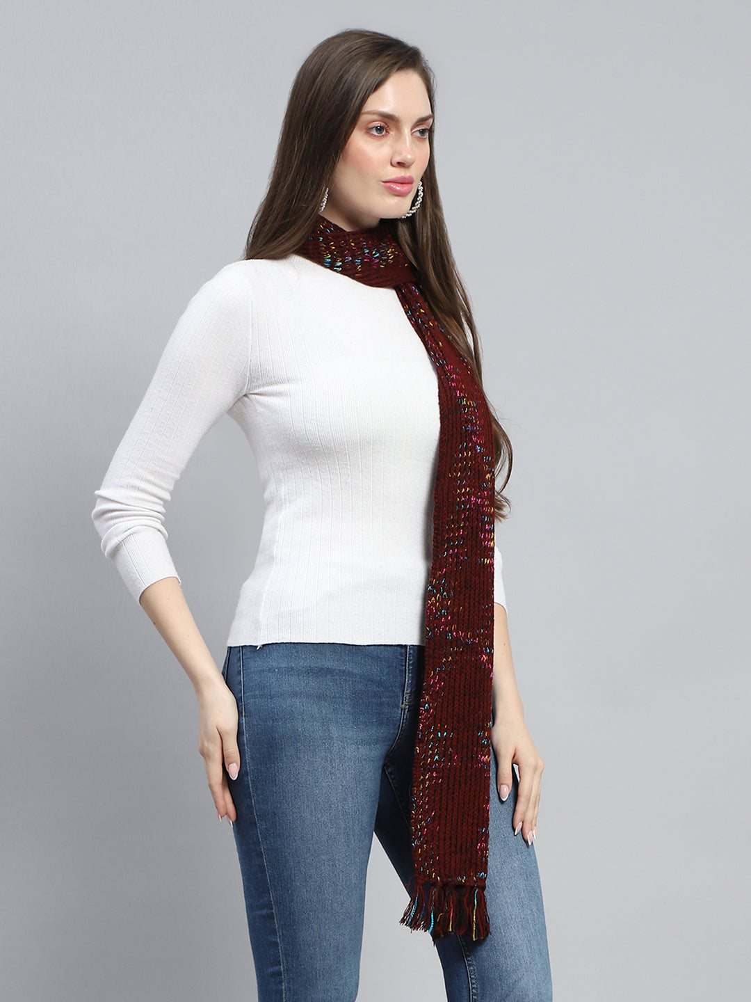 Women Maroon Self Design Muffler