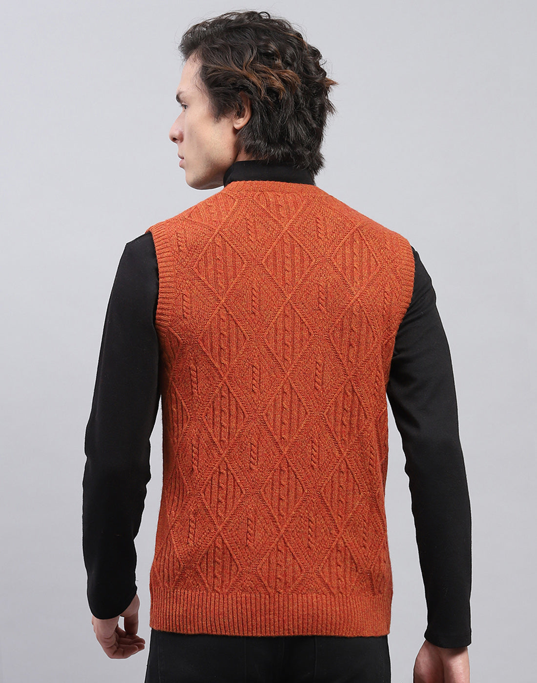 Men Rust Self Design V Neck Sleeveless Sweater