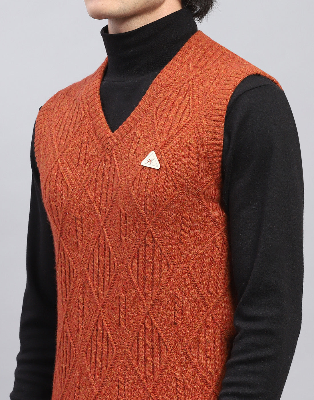 Men Rust Self Design V Neck Sleeveless Sweater