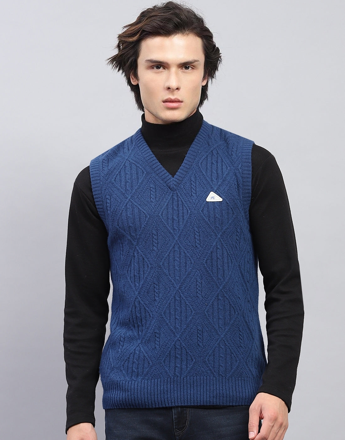 Men Blue Self Design V Neck Sleeveless Sweater